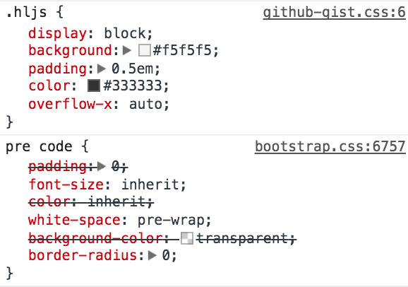 A zoomed in screen shot highlighting the CSS code for the hljs class and for pre and code elements. In the screenshot, the CSS indicates that styles for the hljs class are being derived from the file github-gist.css, while the styles from pre and code are coming from bootstrap.css